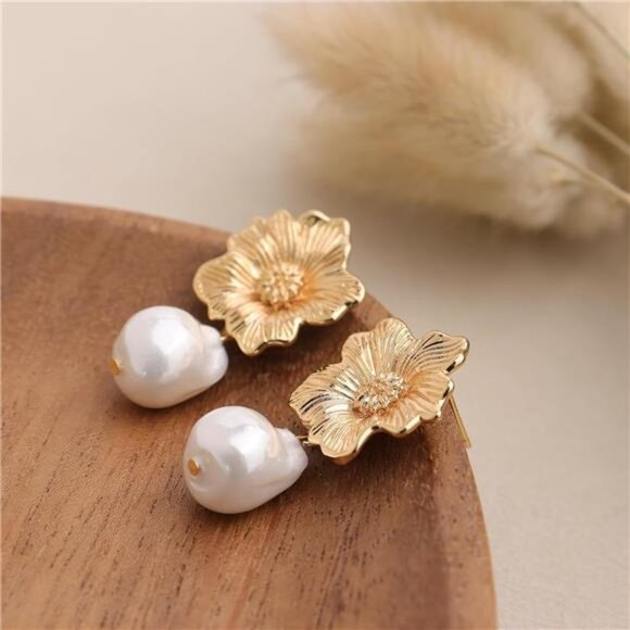 Chunky Gold Drop Earrings – Baroque Pearl Sunflower Dangle Earrings - Picture 5 of 5